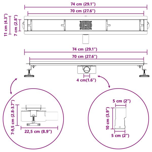Duschablauf 2-in-1 mit 360° Siphon Silber 70 cm Edelstahl 304