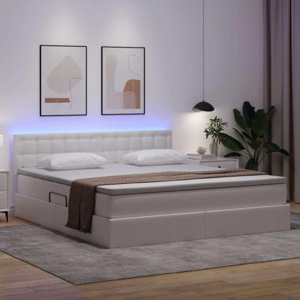 Bett mit Stauraum und LED Reinweiß 180 x 200 cm Kunstleder
