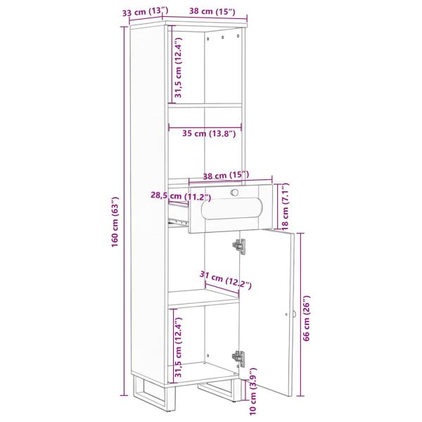 Badezimmerschrank Braun 38 x 33 x 160 cm Massivholz Mango