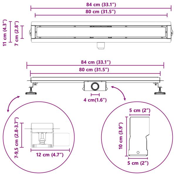 2 in 1 Duschabfluss Silber 80 cm Edelstahl 304