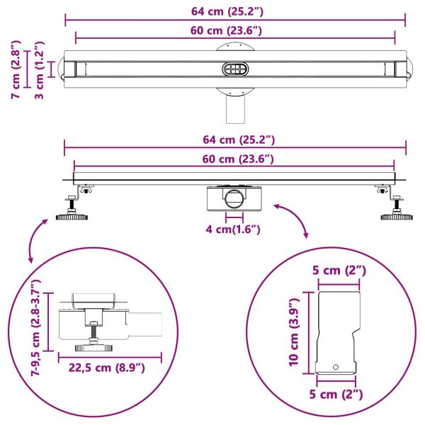 360° Duschablauf mit slim Modell Silber 60 cm Edelstahl 304