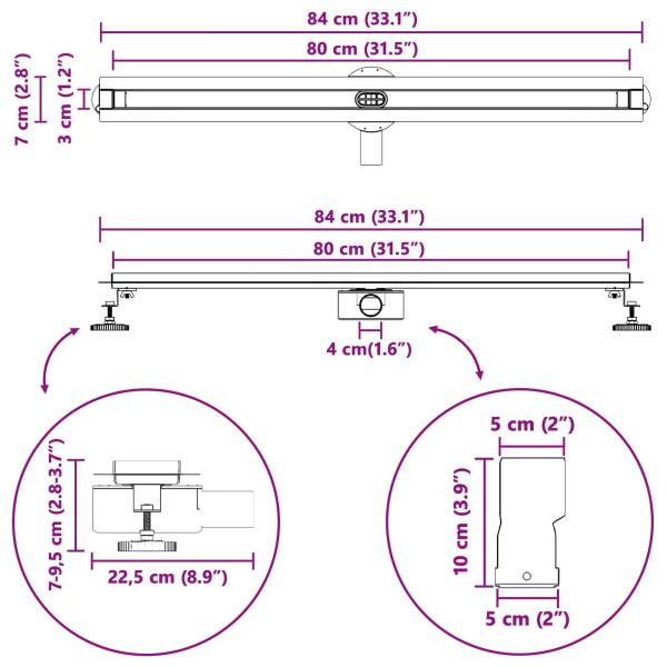 360° Duschablauf mit slim Modell Silber 80 cm Edelstahl 304