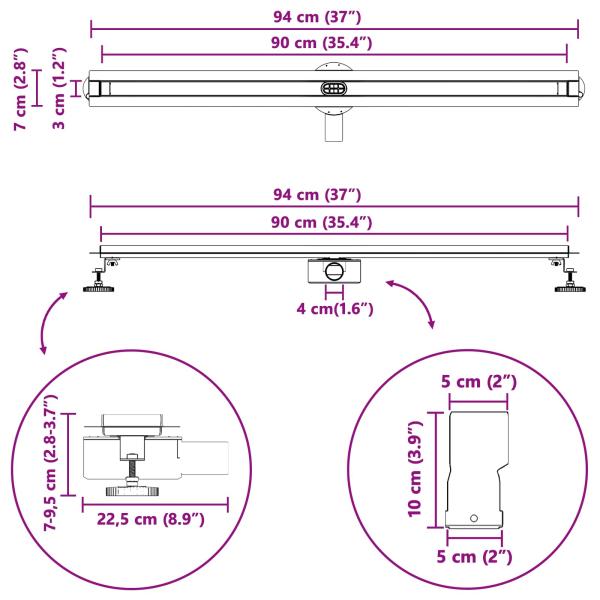 360° Duschablauf mit slim Modell Silber 90 cm Edelstahl 304