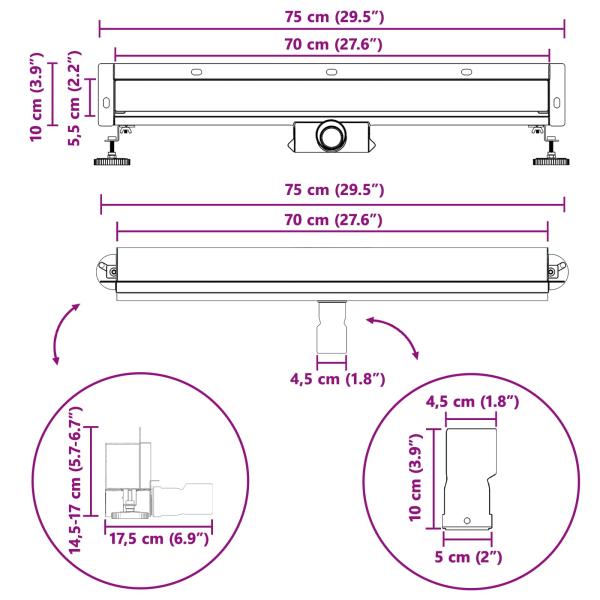 Wandmontierter Duschablauf Silber 70 cm Edelstahl 304