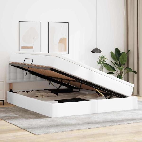 Bett mit Stauraum und LED Reinweiß 160 x 200 cm Kunstleder