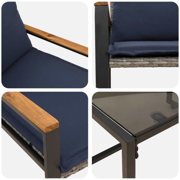 Möbelsets mit Kissen 3 pcs Grau und Marineblau Rattan