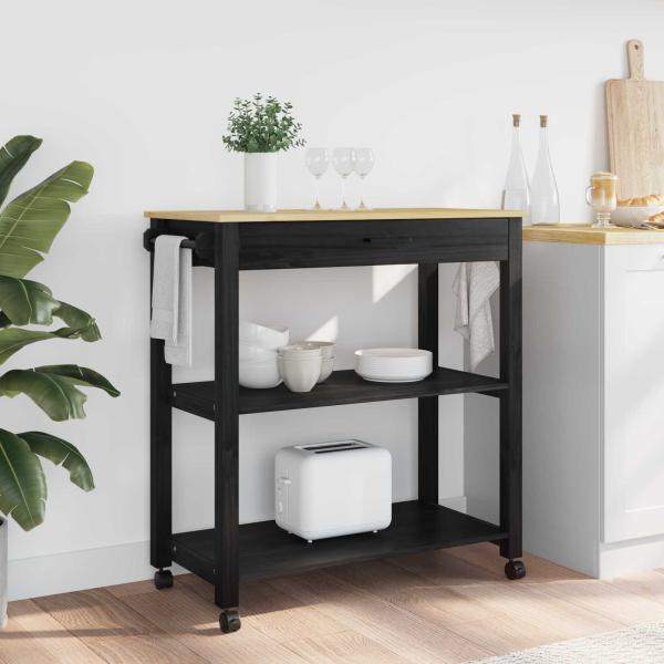 ARDEBO.de - Küchentrolley MONZA Schwarz 84 x 40 x 88,5 cm Massivholz Kiefer