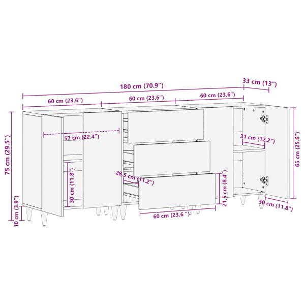 Sideboard 3 pcs Walnuss Massivholz Mango