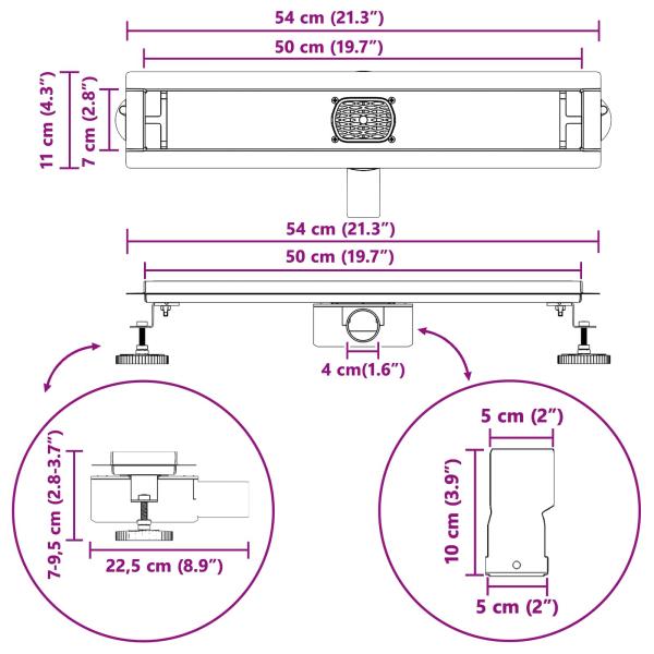 Duschablauf 2-in-1 mit 360° Siphon Schwarz 50 cm Edelstahl 304