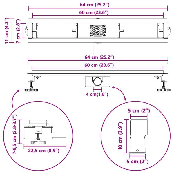 Duschablauf 2-in-1 mit 360° Siphon Schwarz 60 cm Edelstahl 304