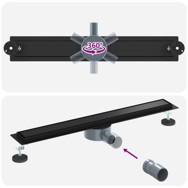 Duschablauf 2-in-1 mit 360° Siphon Schwarz 70 cm Edelstahl 304