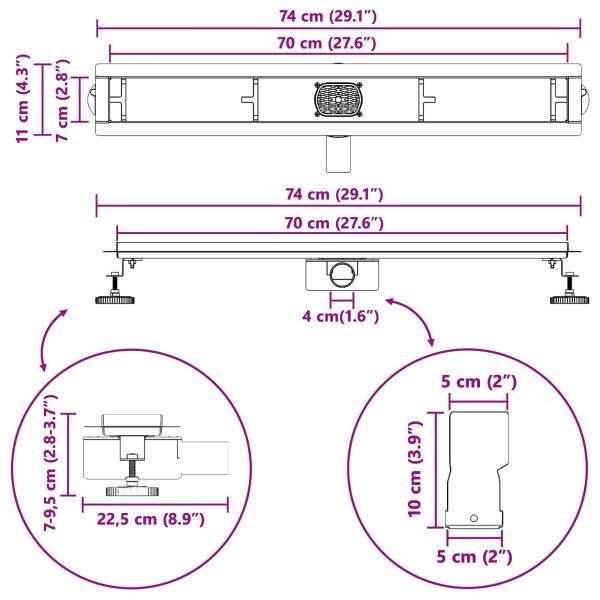 Duschablauf 2-in-1 mit 360° Siphon Schwarz 70 cm Edelstahl 304