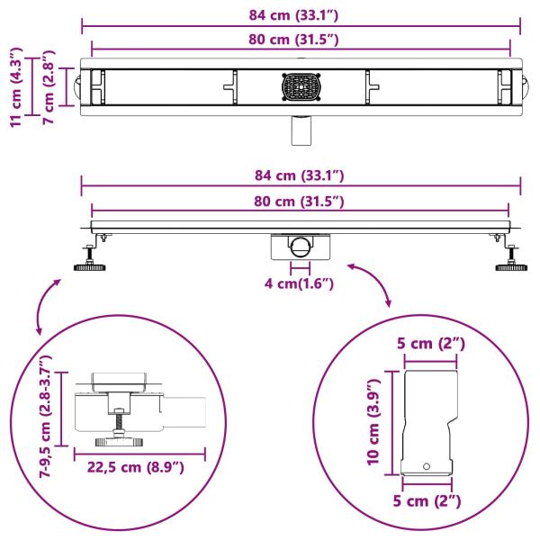 Duschablauf 2-in-1 mit 360° Siphon Schwarz 80 cm Edelstahl 304