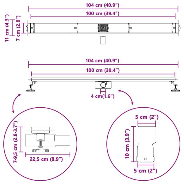 Duschablauf 2-in-1 mit 360° Siphon Schwarz 100 cm Edelstahl 304