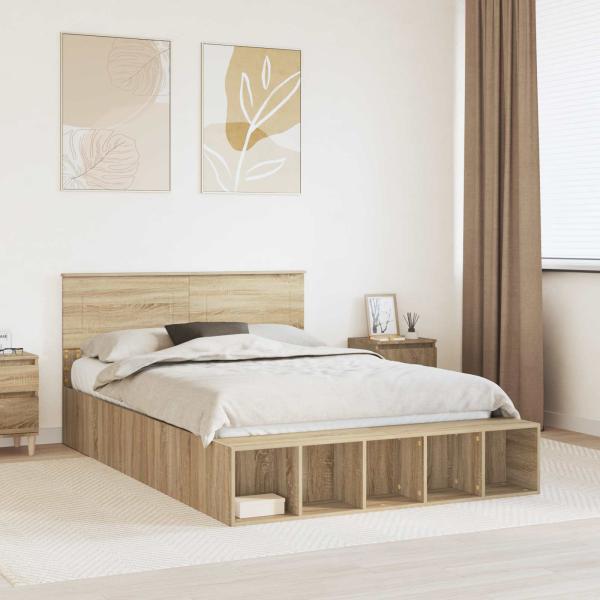 ARDEBO.de - Bettrahmen mit Regal Sonoma-Eiche 140 x 190 cm Holzwerkstoff
