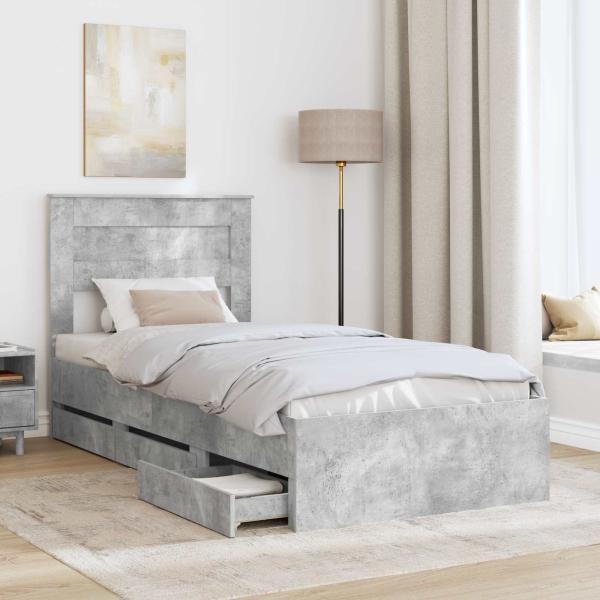 Bettrahmen mit Kopfteil Beton Grau 90 x 190 cm Ingenieurs Holz