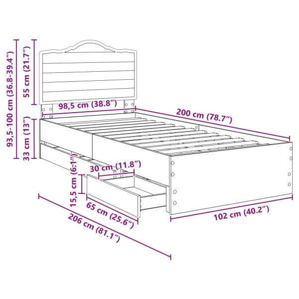 Bettrahmen mit Schubladen Schwarz 100 x 200 cm Ingenieurs Holz