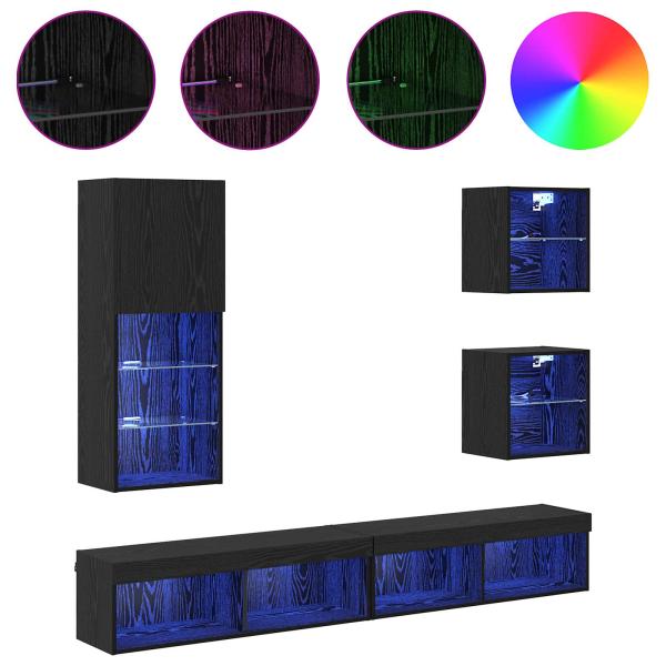 TV Wand Einheiten mit LED 5 Stück Schwarz Eichen-Optik Holzwerkstoff