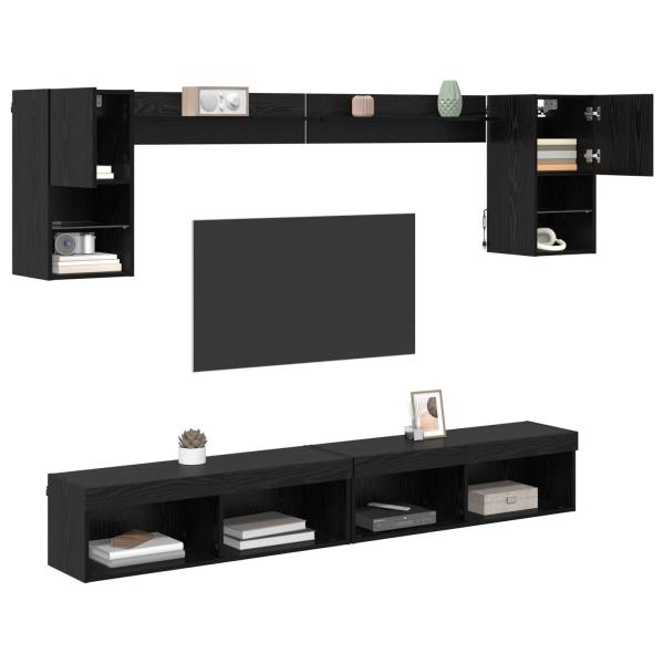 TV Wand Einheiten mit LED 6 pcs Schwarz Eichen-Optik Holzwerkstoff