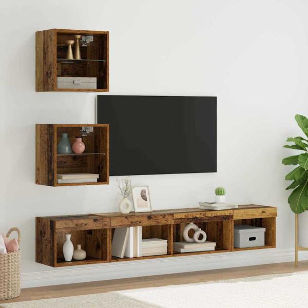 ARDEBO.de - TV Wand Einheiten mit LED Wandmontiert 5 pcs Altholz 100 x 30 x 30 cm