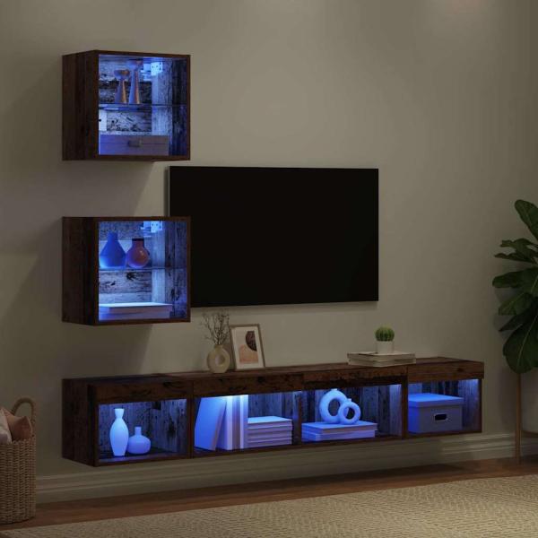 TV Wand Einheiten mit LED Wandmontiert 5 pcs Altholz 100 x 30 x 30 cm