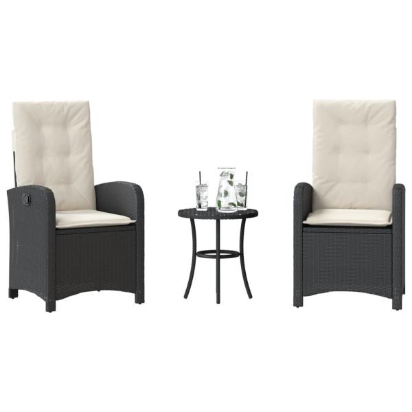 ARDEBO.de - 3-tlg. Bistro-Set mit Kissen Schwarz Poly Rattan