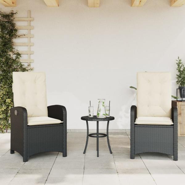 3-tlg. Bistro-Set mit Kissen Schwarz Poly Rattan