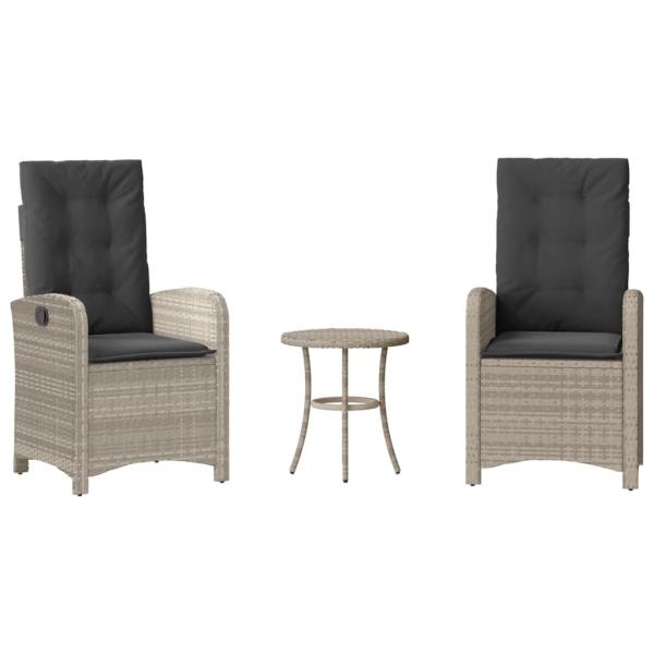 ARDEBO.de - 3-tlg. Bistro-Set mit Kissen Hellgrau Poly Rattan