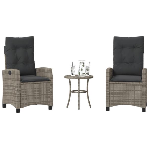 ARDEBO.de - 3-tlg. Bistro-Set mit Kissen Grau Poly Rattan