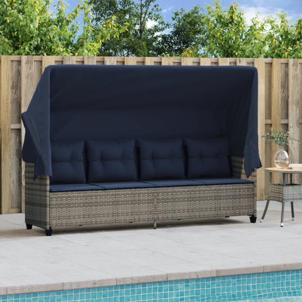 Sonnenliege mit Dach und Kissen Grau Poly Rattan