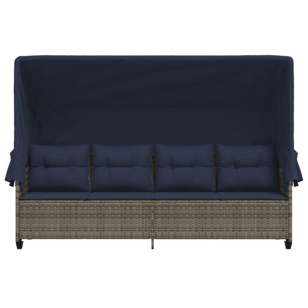 Sonnenliege mit Dach und Kissen Grau Poly Rattan