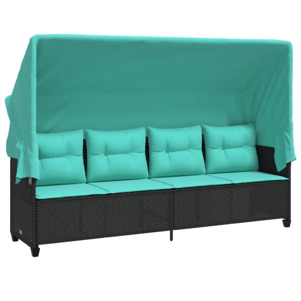 Sonnenliege mit Dach und Kissen Schwarz Poly Rattan