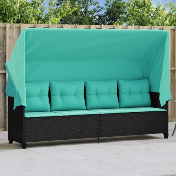 ARDEBO.de - Sonnenliege mit Dach und Kissen Schwarz Poly Rattan