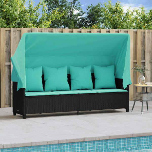 Sonnenliege mit Dach und Kissen Schwarz Poly Rattan