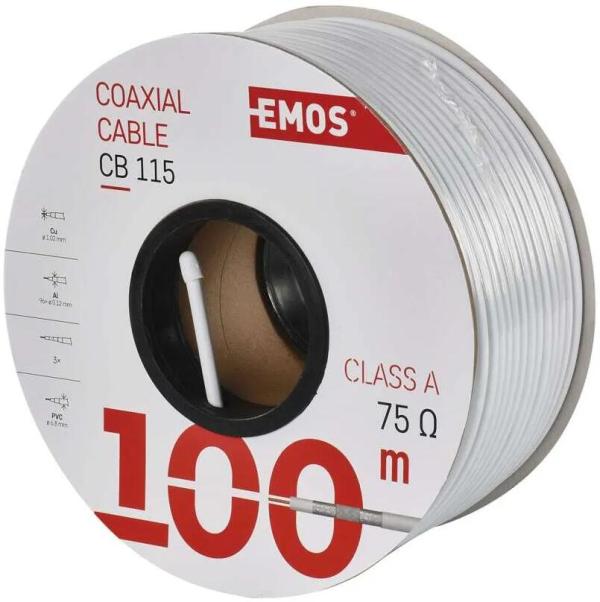 EMOS S5272 Koaxialkabel CB115, CLASS A, 3-fach geschirmt, Schirmabdeckung >90 %, Innenbereich, 100m Spule, weiß (2305023000)