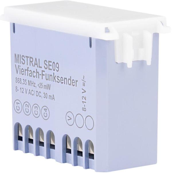 ARDEBO.de Grothe Vierfach-Funksender, Reichweite 500m, 868.35MHz, inkl. 2 Batterien 1,5V (AAA), Rufweiterschaltung, wasserdicht IP54, 36x100x17mm, weiß (MISTRAL SE09)