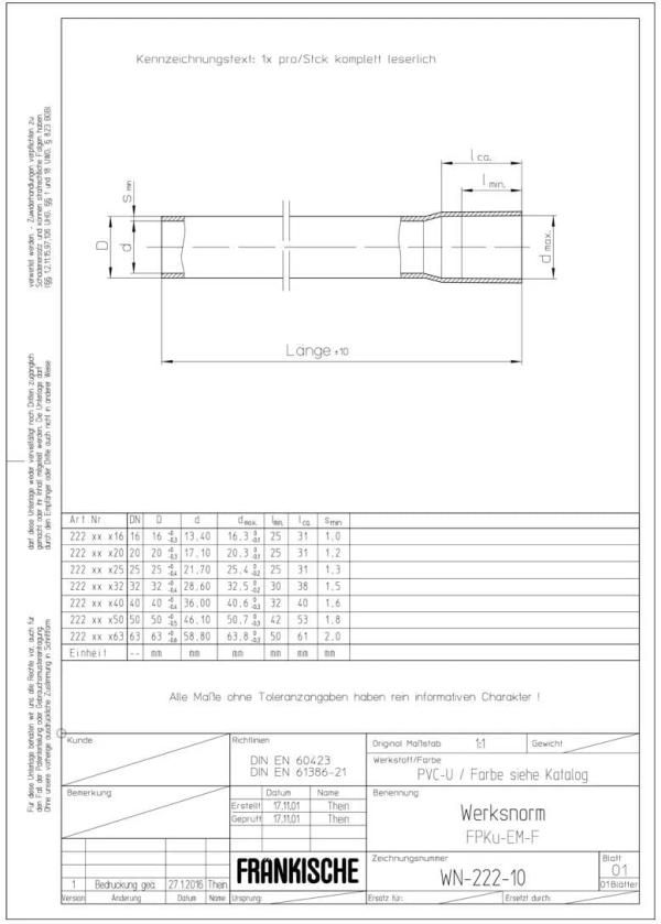 Fränkische FPKu-EM-F 16 Mittleres Kunststoffstangenrohr, starr, d=16mm, 2m, grau (22220016)