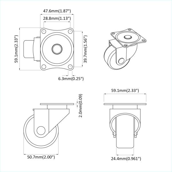 Drehrolle 2 pcs Silber 60 x 60 x 50 mm Eisen und Nylon