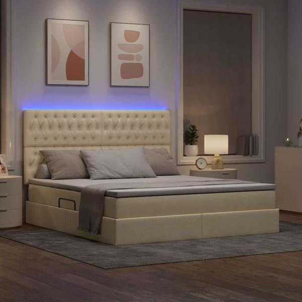 Bett mit Stauraum und LED Creme 160 x 200 cm Polyester