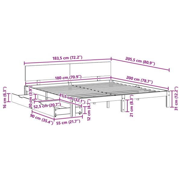 Bettrahmen Wachsbraun 180 x 200 cm Massivholz Kiefer