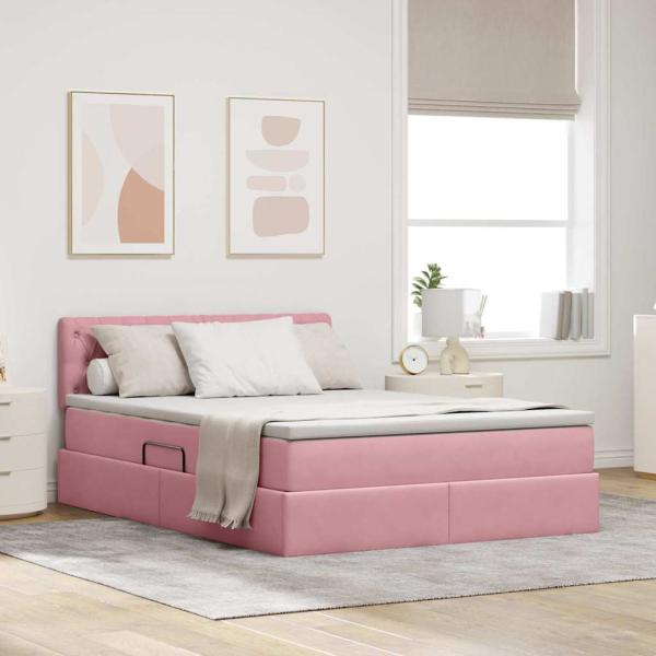 ARDEBO.de - Bett mit Stauraum und LED mit Matratze Rosa 140 x 190 cm Samt