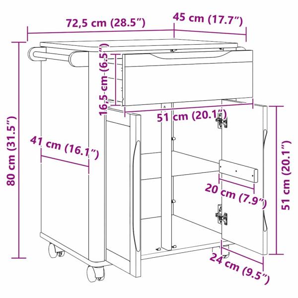 Küchentrolley Wachsbraun 72,5 x 45 x 80 cm Massivholz Kiefer
