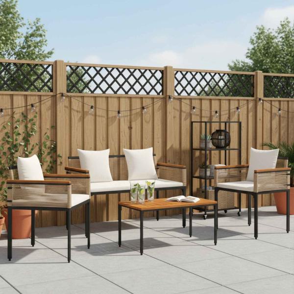 Gartenmöbel Set mit Kissen 4 pcs Beige und Cremeweiß PE-Rattan