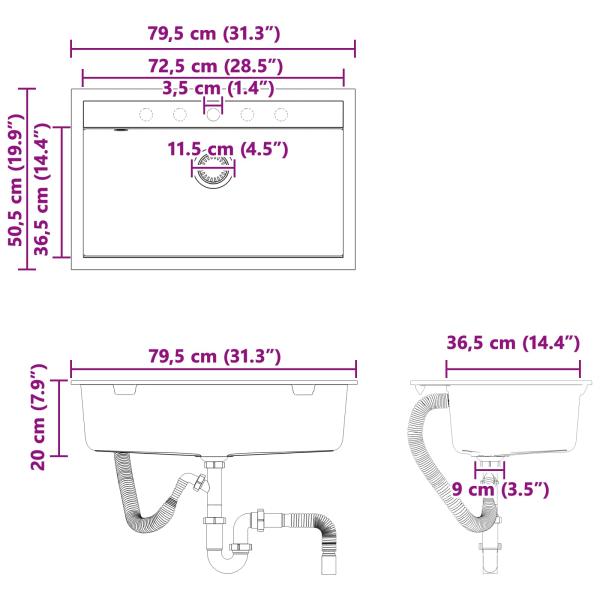 Waschbecken Grau 795 x 505 mm 80% Quarz und 20% Harz