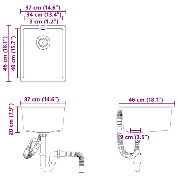Waschbecken Grau 370 x 460 mm 80% Quarz und 20% Harz