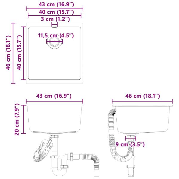 Waschbecken Grau 430 x 460 mm 80% Quarz und 20% Harz