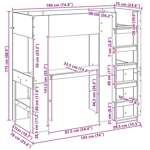 Etagenbettgestell mit Schreibtisch Sonoma-Eiche 100 x 200 cm
