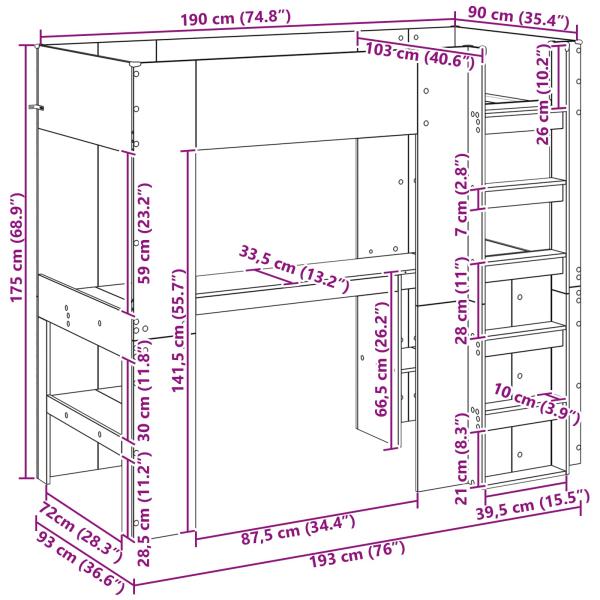 Etagenbettgestell mit Schreibtisch Altholz 100 x 200 cm