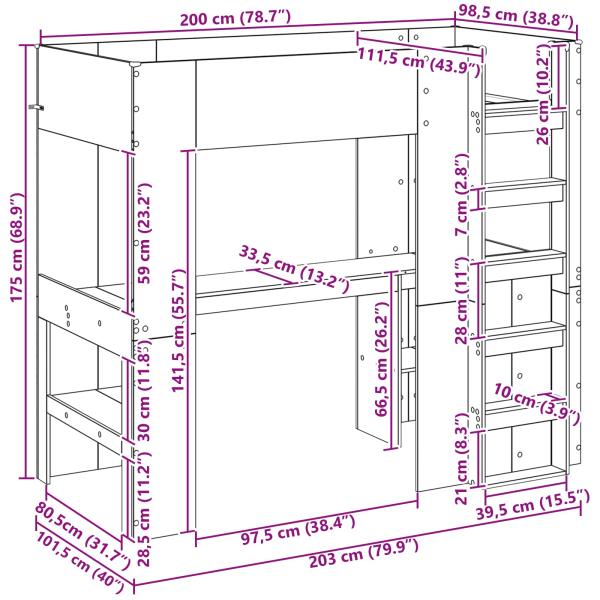 Etagenbettgestell mit Schreibtisch Weiß 100 x 200 cm