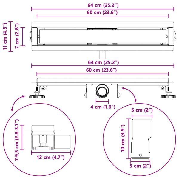 Duschabfluss mit Glasabdeckung Schwarz 60 cm Edelstahl 304